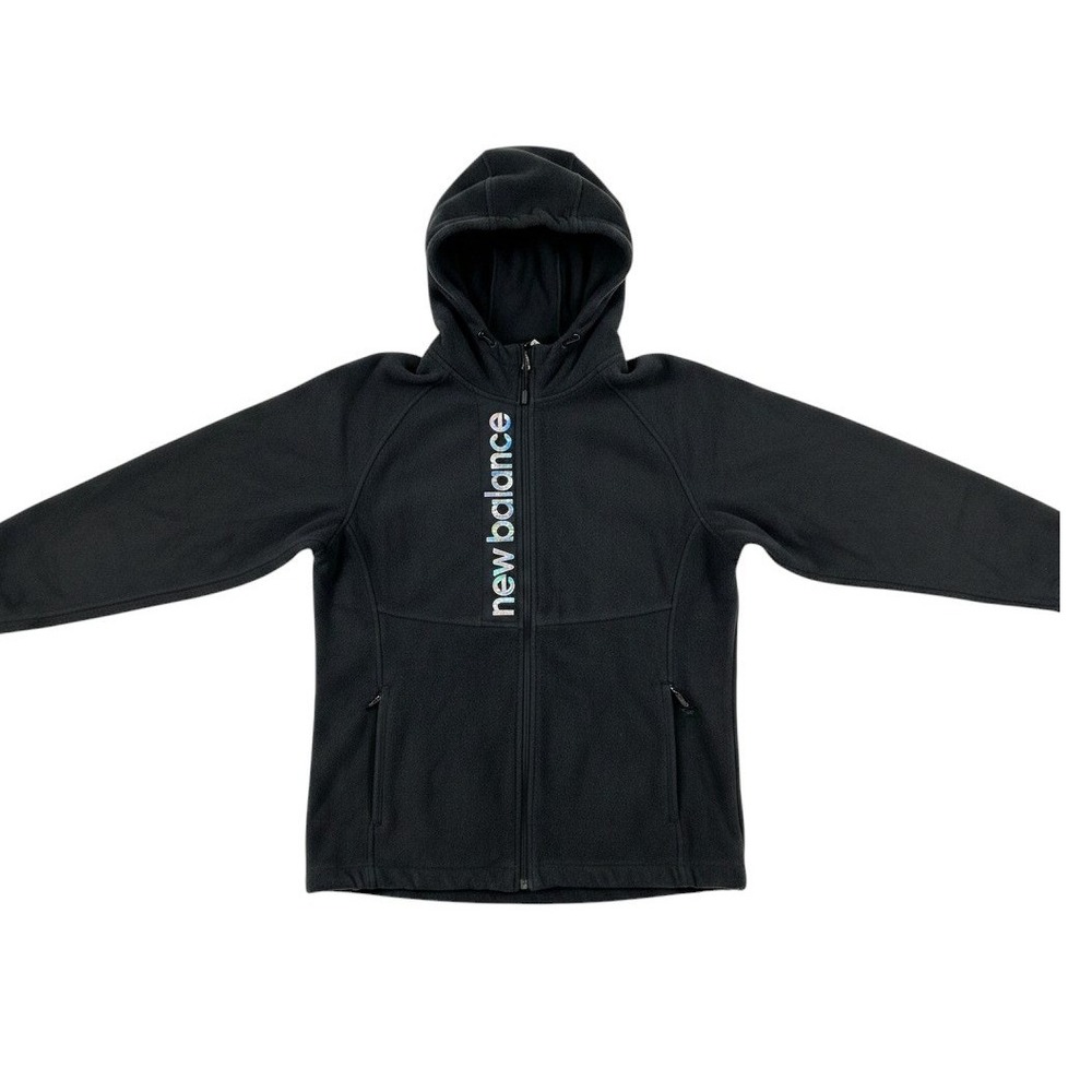 New Balance Womens Black Full Zip Fleece Hoodie Holographic Logo XLarge